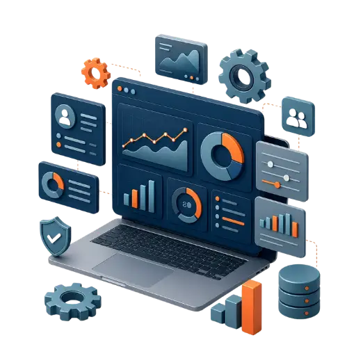 Ilustração de dashboards e painéis de sistema web.