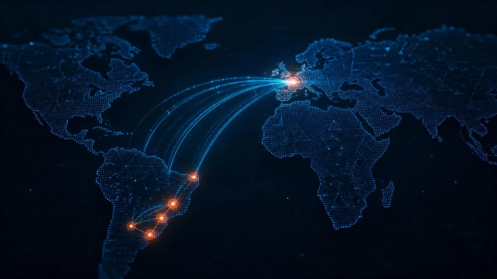 Mapa mundial estilizado: Victall em Montes Claros e parcerias com clientes no Brasil e na Europa.